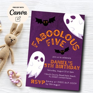 May include: Purple invitation with orange and white text that says "Fabolous Five" and features a ghost and bats. The invitation is for Daniel's 5th birthday party. The party is on Saturday, 23rd August at 3pm at 1 South County Road Palm Beach, FL 33480. RSVP by 15th August to Emma at (555) 867-5309.