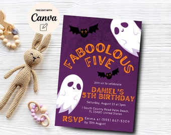 Halloween 5th Birthday Invitation, Faboolous Five Birthday Invite, 5th Birthday Party, Ghost Birthday, Canva Template, Digital Download