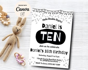 Doodle 10th birthday invitation, Hello Double Digits 10th Birthday Doodle Invitation, 10th bday Invite, Canva Template, Digital Download