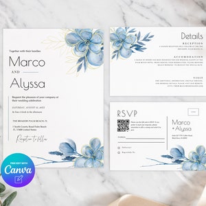 Modello suite per invito a nozze blu, modello set per invito a nozze floreale blu polveroso, invito modificabile Canva, download istantaneo