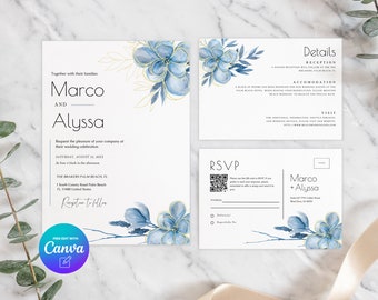 Plantilla de suite de invitación de boda azul, plantilla de conjunto de invitación de boda floral azul polvoriento, invitación editable de Canva, descarga instantánea
