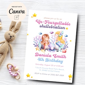 Mermaid 4th birthday invitation, 4th birthday fourth birthday un-four-gettable shellebration Mermaid, Canva Template, Digital Download
