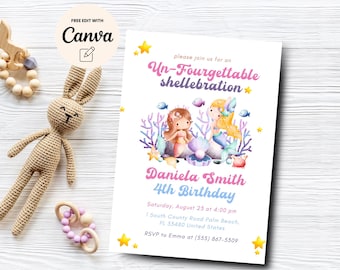 Invitación de cumpleaños número 4 de sirena, cuarto cumpleaños, cuarto cumpleaños, celebración de sirena imposible de conseguir, plantilla Canva, descarga digital