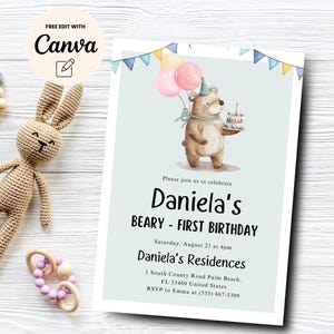 Beary Erster Geburtstag Einladung, Teddybär Geburtstag einladen Beary Erster Boho Geburtstag Minimalist einladen, Canva bearbeitbar, digitaler Download