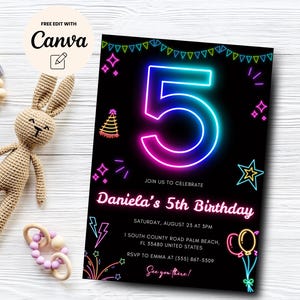 Neon 5th Birthday Invitation Template, Glow Neon 5th Birthday Invitation, Five is a Vibe Invite Canva Template, Digital Download