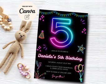 Plantilla de invitación para el quinto cumpleaños con neón, invitación para el quinto cumpleaños con neón brillante, plantilla de invitación Five is a Vibe Canva, descarga digital