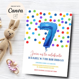 Bearbeitbares Konfetti zum 7. Geburtstag einladen, Einladung zur 7. Geburtstagsparty, Ballon zum 7. Geburtstag einladen, Canva Vorlage, digitaler Download