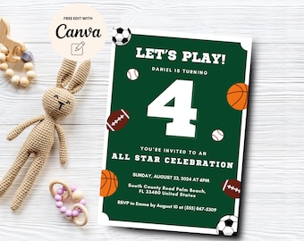 Sports 4th Birthday Invitation Template for Boy , It's Game Time Sports 4th Birthday Printable Invite, Canva Template, Digital Download