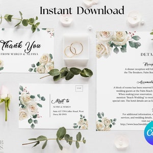 May include: A printable wedding invitation suite with white roses and greenery. The invitation includes details for the reception, accommodation, and a visit to the wedding website. The text on the invitation reads "Thank You from Marco & Alyssa" and "Matt to Alyssa & Marco".