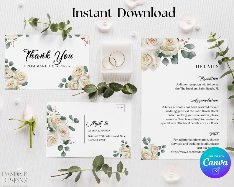 May include: A printable wedding invitation suite with white roses and greenery. The invitation includes details for the reception, accommodation, and a visit to the wedding website. The text on the invitation reads "Thank You from Marco & Alyssa" and "Matt to Alyssa & Marco".