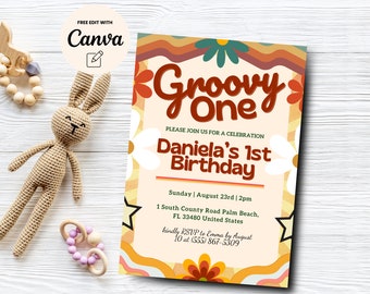 Groovy One Birthday Invitation, Girl First Birthday Invite, Retro Birthday Invite, Girl 1st Birthday, Canva Editable, Digital Download