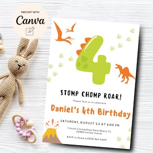 Dinosaur 4th Birthday Invitation, Roar Invite, Dino Boy Fourth Birthday Party Dino Four Invitation, Canva Template, Digital Download