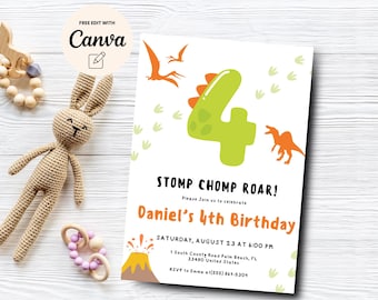 Dinosaur 4th Birthday Invitation, Roar Invite, Dino Boy Fourth Birthday Party Dino Four Invitation, Canva Template, Digital Download