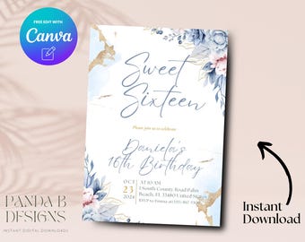 Blue Floral 16th Birthday Invite, Garden Birthday 16th Birthday Invitation, Girl 16th Birthday Invite Canva Template, Digital Download
