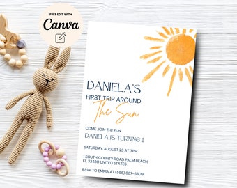 Premier voyage autour du soleil, faire-part 1er anniversaire, fête du 1er anniversaire soleil, invitation soleil minimaliste, toile modifiable, téléchargement numérique