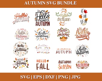 Pode incluir: Uma coleção de designs SVG com tema de outono. Os designs apresentam frases como "Hello Autumn" e "Hello Fall" em várias fontes e estilos, decorados com folhas e elementos de outono. Formatos: SVG, EPS, DXF, PNG e JPG.