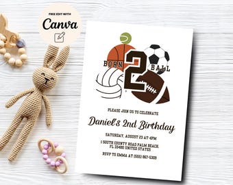 Born 2 Ball Invitation for Boy, Editable 2nd Birthday Template | Let's Have a Ball All Star, Canva Editable, Digital Download