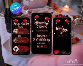 Red Digital Birthday Dinner invitation, Animated Digital Birthday Party Video Invite, Red Dinner Birthday Canva Template, Digital Download