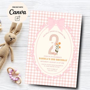 Goose 2nd Birthday Invitation, Girl 2nd Birthday Invite, Goose Birthday, Pink Gingham Birthday Invite, Canva Template, Digital Download