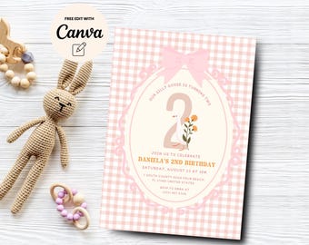 Goose 2nd Birthday Invitation, Girl 2nd Birthday Invite, Goose Birthday, Pink Gingham Birthday Invite, Canva Template, Digital Download