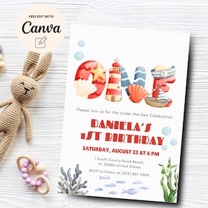 Oneder the Sea 1st Birthday Invitation, Under the Sea 1st Birthday Invite, Ocean 1st Birthday, Canva Editable, Digital Download