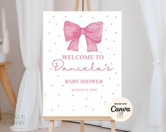 Baby-Dusche Willkommensschild Rosa Schleife, Mädchen Baby-Dusche-Schild, Rosa Baby Sprinkle Willkommensschild, Canva bearbeitbar, Sofort-Download