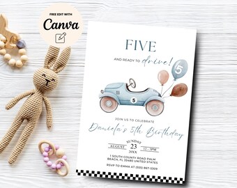 Racing 5th Birthday Invitation, Editable Racing Five and Ready to Drive B'day Invite, Blue Race Car, Canva Template, Digital Download