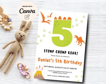Dinosaur 5th Birthday Invitation, Boy Dinosaur 5th Birthday Invitation, T-rex Stomp Chomp Roar Invitation, Canva Template, Digital Download