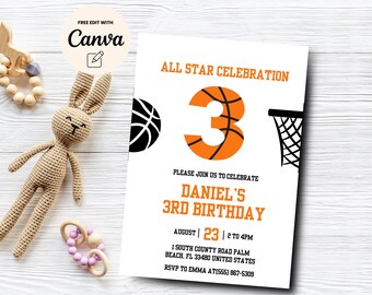 May include: A white and orange basketball-themed birthday invitation for a 3rd birthday party. The invitation features a basketball with the number 3 in the center, a basketball hoop, and the text "All Star Celebration" and "Daniel's 3rd Birthday".