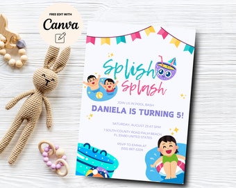 Pool Party 5th Birthday Invitation, Splish Splash, Colorful Birthday Invite, Kids Birthday Invitation, Canva Template, Digital Download