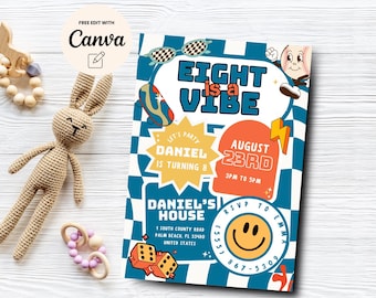 May include: A blue and white checkered background with a yellow and orange birthday invitation. The invitation says "Eight is a Vibe" and includes the date "August 23rd" and the time "3pm to 5pm". The invitation also includes the name "Daniel" and the text "Let's Party Daniel is turning 8".