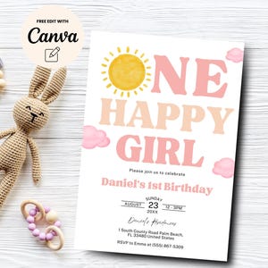 One Happy Girl 1st Birthday Invitation, Girl 1st Birthday Invite, Sunshine Birthday Invitation, Canva Editable, Digital Download