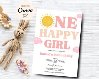 One Happy Girl 1st Birthday Invitation, Girl 1st Birthday Invite, Sunshine Birthday Invitation, Canva Editable, Digital Download