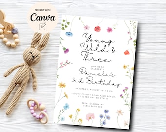 May include: A white invitation with a floral design and the text "Young Wild & Three" for Daniela's 3rd birthday party. The invitation includes the date, time, and location of the party, as well as an RSVP contact.