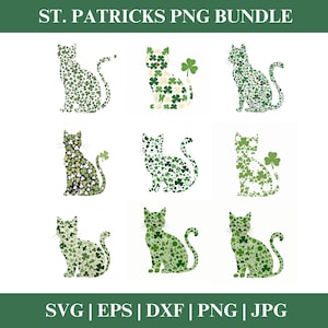 Chat Silhouette trèfle PNG Clipart Bundle, clipart SVG de la Saint-Patrick, conception de trèfle fichiers de coupe Cricut Silhouette