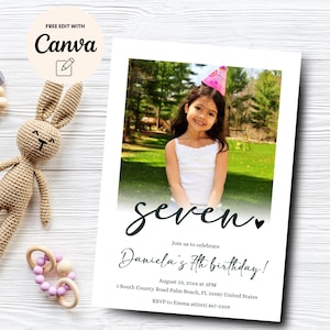 Photo 7th Birthday Invitation, Minimalist 7th Birthday Invitation, Simple Photo Birthday Invite, Canva Template, Digital Download