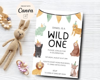 May include: A Wild One birthday party invitation with watercolor animal illustrations, including a lion, elephant, and tiger. The invitation includes the text "Daniel is a Wild One" and event details. The invitation is designed to be edited with Canva.