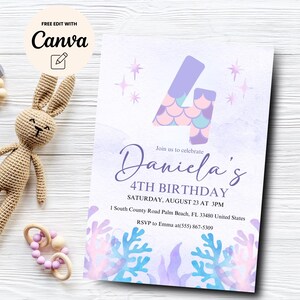 Editable Mermaid 4th Birthday Invitation, Under the Sea Birthday Invitation Girl, Mermaid Birthday, Canva Template, Digital Download