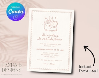 Pink 16th Birthday Invite, Minimalist Pink 16th Birthday Invitation, Editable Girl 16th Birthday Invite Canva Template, Digital Download