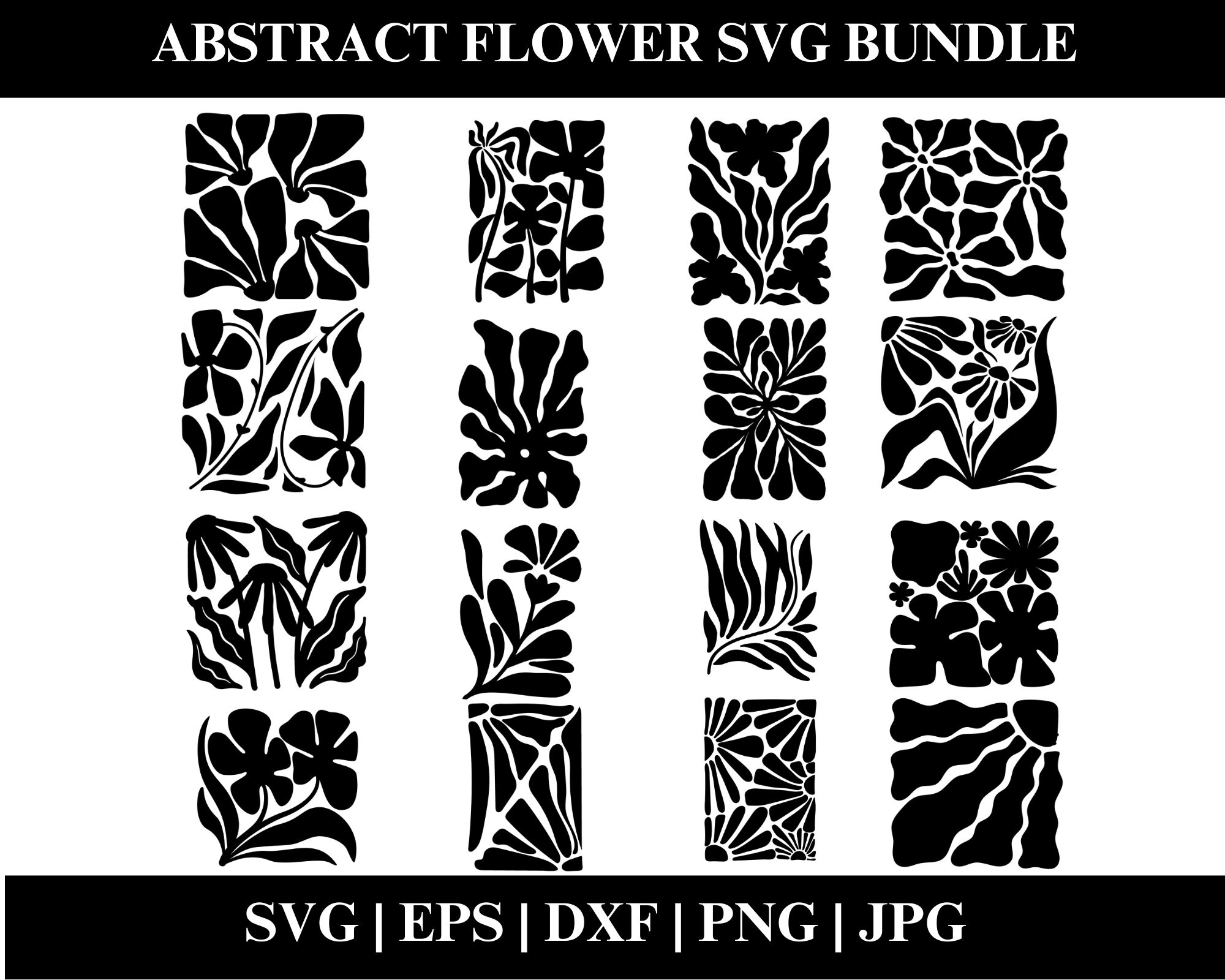 Abstract Flower SVG and PNG Bundle, Danish Retro Boho Floral Designs, Silhouette SVG