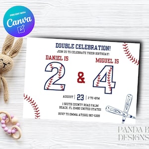 May include: Baseball-themed birthday invitation with red and blue baseball numbers "2" and "4" on a white background. The text reads "Double Celebration! Join us to celebrate their birthday! Daniel is 2 & Miguel is 4. August 23 | 2 to 4 PM. 1 South County Road Palm Beach, FL 33480 United States. RSVP to Emma at (555) 867-5309. Panda B Designs. Instant Digital Downloads."