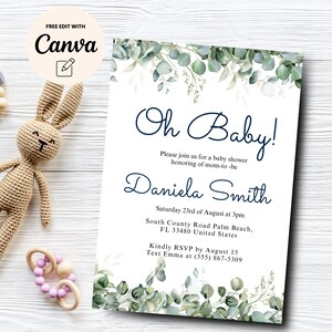 Eucalyptus Baby Shower Invitation, Greenery Eucalyptus Baby Shower Invitations, Canva Editable Template, Instant Download
