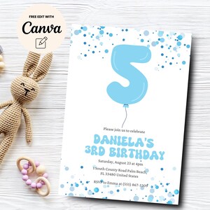 Blue 5th Birthday Invitation, 5th Birthday Invite Girl, Blue Balloon 5th Birthday, Confetti Birthday Party, Canva Template, Digital Download