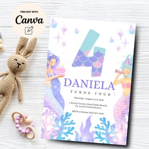 Mermaid 4th birthday invitation, 4th birthday fourth birthday un-four-gettable shellebration Mermaid, Canva Template, Digital Download