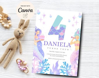 Mermaid 4th birthday invitation, 4th birthday fourth birthday un-four-gettable shellebration Mermaid, Canva Template, Digital Download
