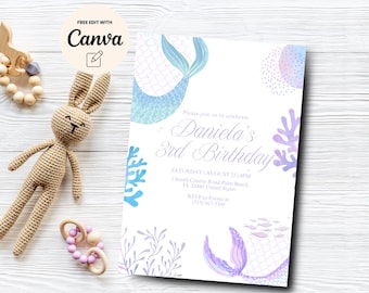Mermaid 3rd Birthday Invitation, Under the sea 3rd Birthday, Girl Ocean theme Birthday Party, Canva Template, Digital Download