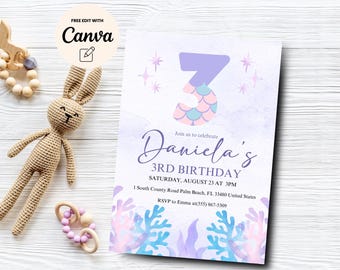 Editable Mermaid 3rd Birthday Invitation, Under the Sea Birthday Invitation Girl, Mermaid Birthday, Canva Template, Digital Download