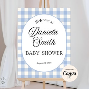 Baby Shower Welcome Sign Blue gingham, Gingham Boy Baby Shower, Baby oy  Boy Shower Sign, Canva Editable, Instant Download
