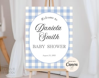 Baby Shower Welcome Sign Blue gingham, Gingham Boy Baby Shower, Baby oy  Boy Shower Sign, Canva Editable, Instant Download