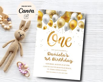 Gold 1st Birthday Invitation, Gold Balloons Birthday Party Invite, 1st Birthday Gold Party Invite, Canva Template, Digital Download